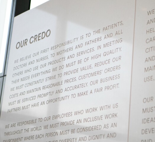 The Johnson & Johnson Credo etched in marble which stands in the lobby of the company's headquarters in New Brunswick, New Jersey